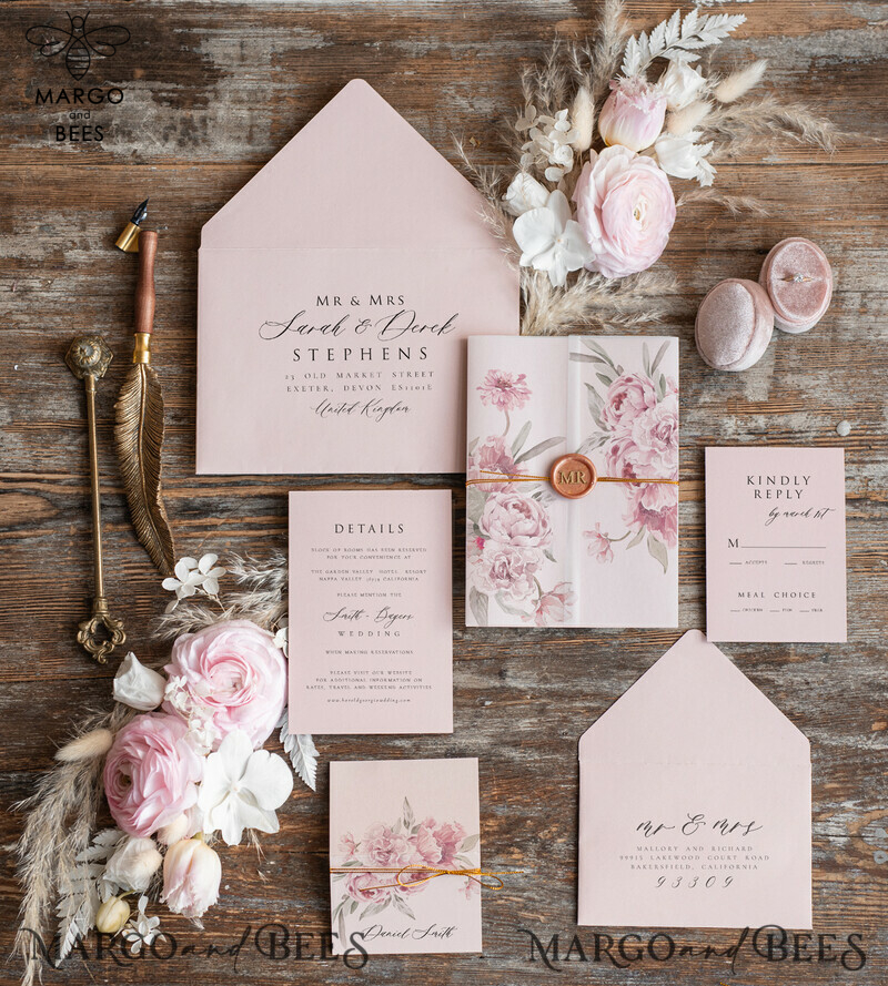 Elegant Rose Wedding Invitations: Handmade Suite in Blush Pink and Wax Rose Gold for Luxurious Wedding Cards-7