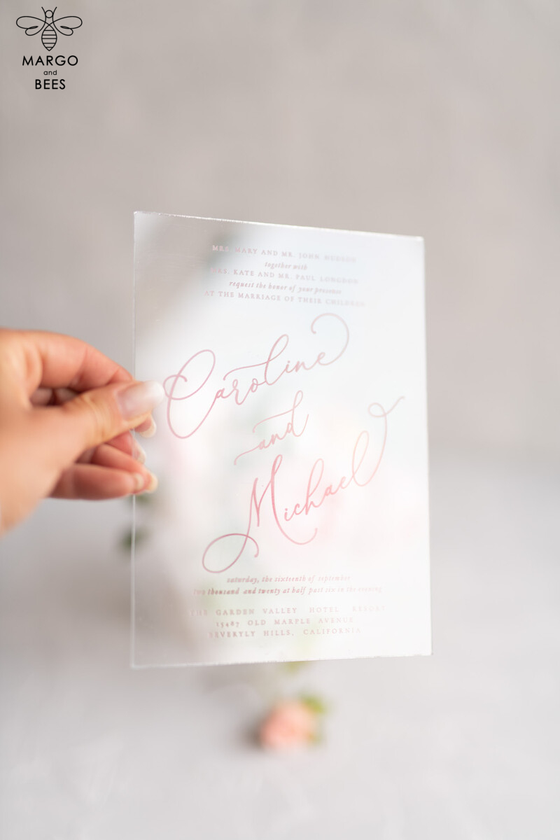 Exquisite Luxury Acrylic Plexi Wedding Invitations: Elegant Pink Cards for a Minimalistic and Simplistic Touch of Glamour in your Wedding Stationery-1