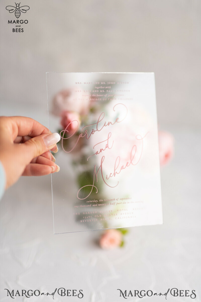Glamour and Elegance: Luxury Acrylic Plexi Wedding Invitations with Elegant Pink Wedding Cards-2