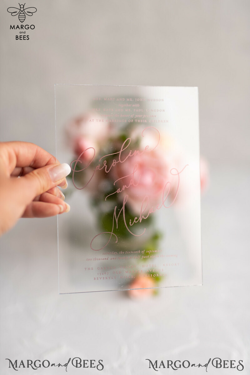 Glamour and Elegance: Luxury Acrylic Plexi Wedding Invitations with Elegant Pink Wedding Cards-3
