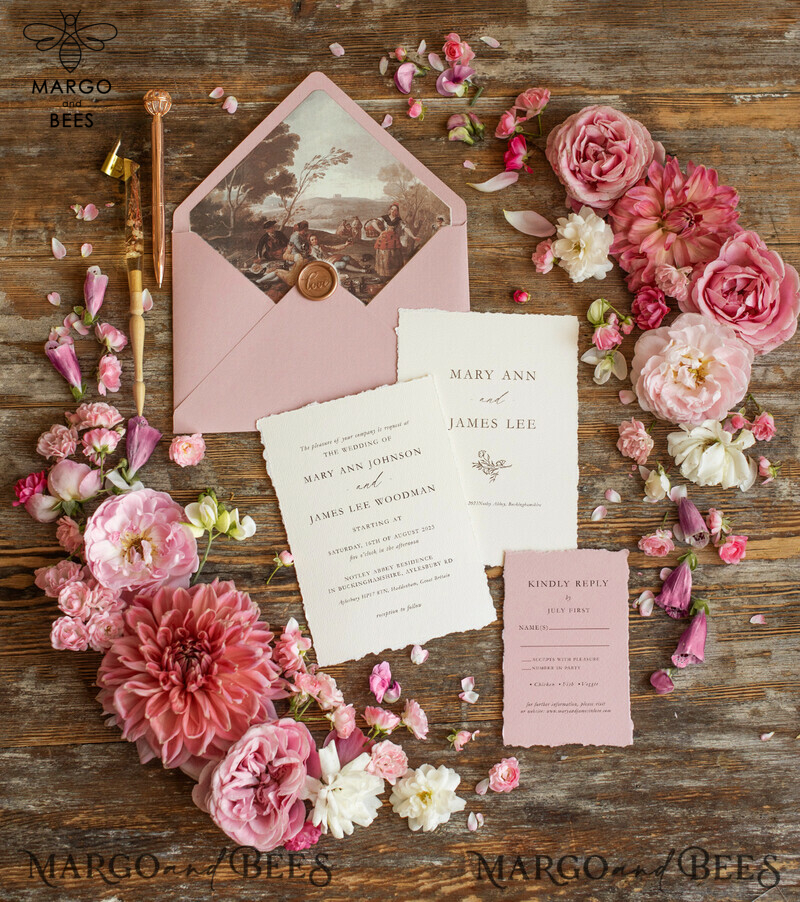 Elegant Blush Pink Wedding Invitation Set: Fine Art, Vintage Landscape, Minimalistic Design. Bespoke Stationary for a Stylish Celebration.-1