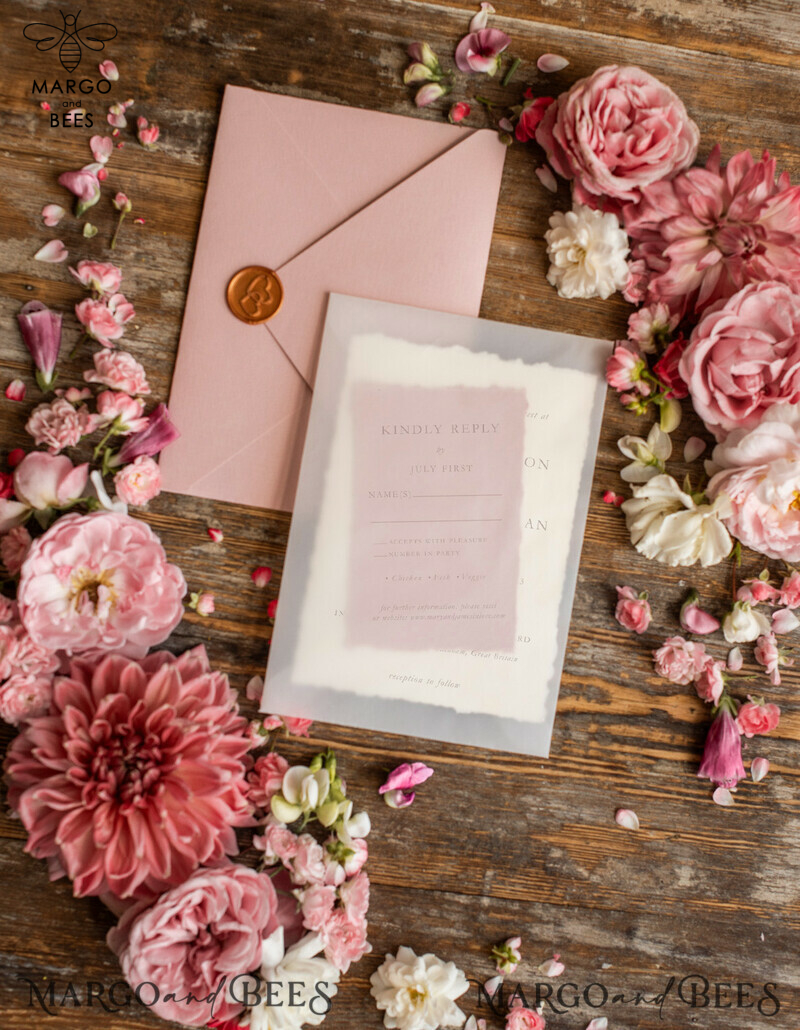 Custom blush pink wedding invitation, modern designed stationery oil picture landscape, elegant suite-14
