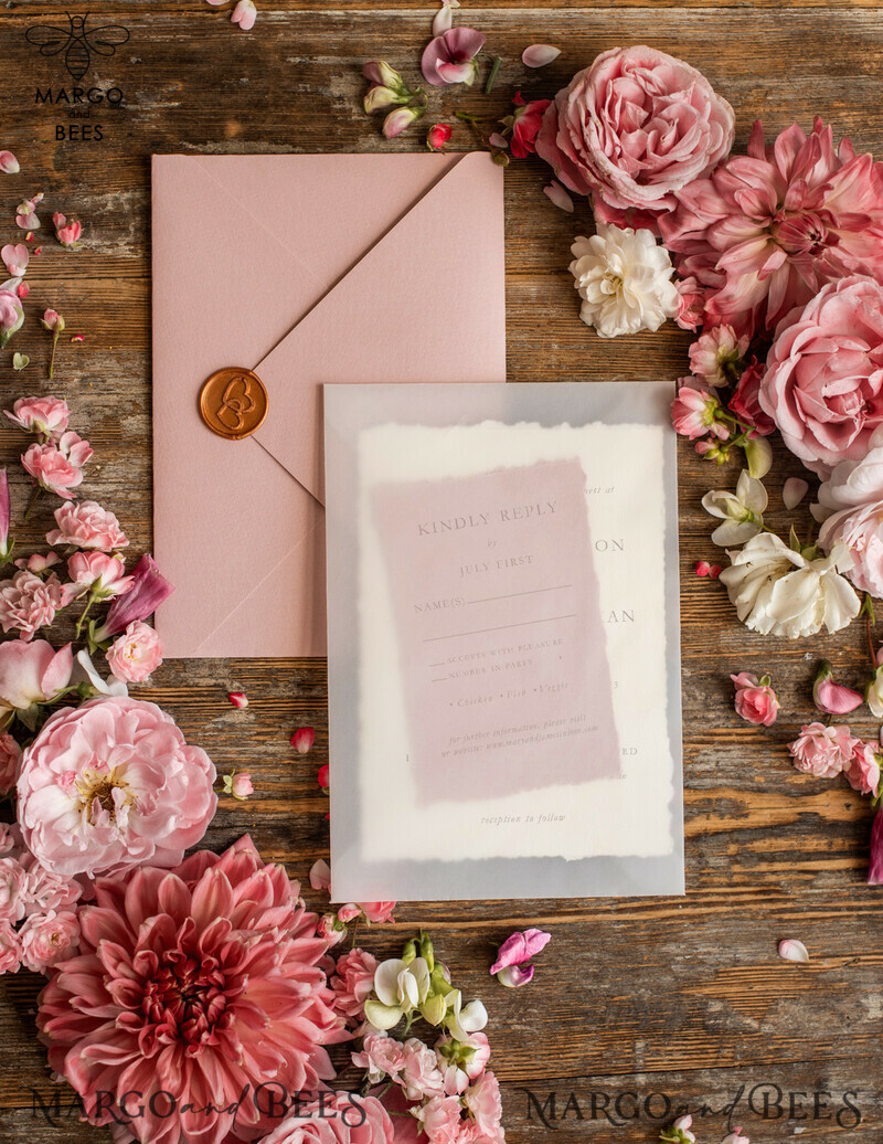 Custom blush pink wedding invitation, modern designed stationery oil picture landscape, elegant suite-15