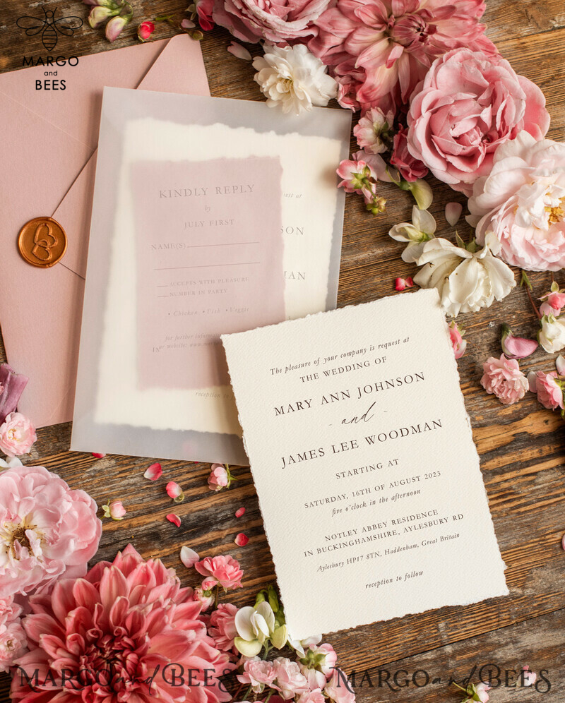 Custom blush pink wedding invitation, modern designed stationery oil picture landscape, elegant suite-16