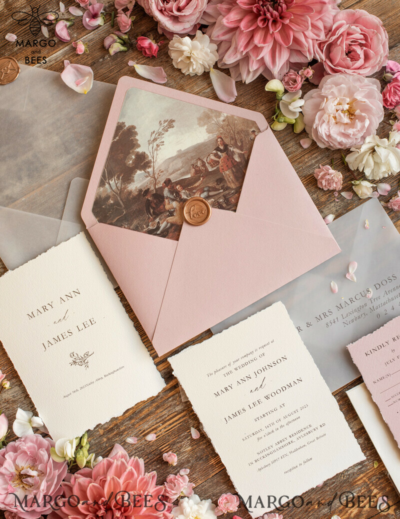 Elegant Blush Pink Wedding Invitation Set: Fine Art, Vintage Landscape, Minimalistic Design. Bespoke Stationary for a Stylish Celebration.-2