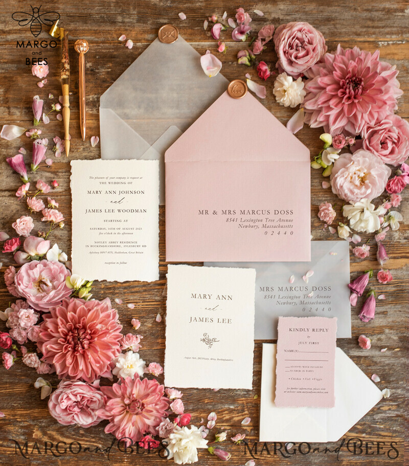 Elegant Blush Pink Wedding Invitation Set: Fine Art, Vintage Landscape, Minimalistic Design. Bespoke Stationary for a Stylish Celebration.-4