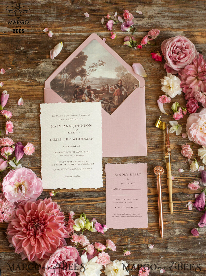Elegant Blush Pink Wedding Invitation Set: Fine Art, Vintage Landscape, Minimalistic Design. Bespoke Stationary for a Stylish Celebration.-5
