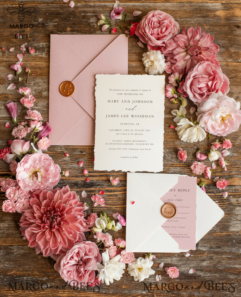 Custom blush pink wedding invitation, modern designed stationery oil picture landscape, elegant suite-9