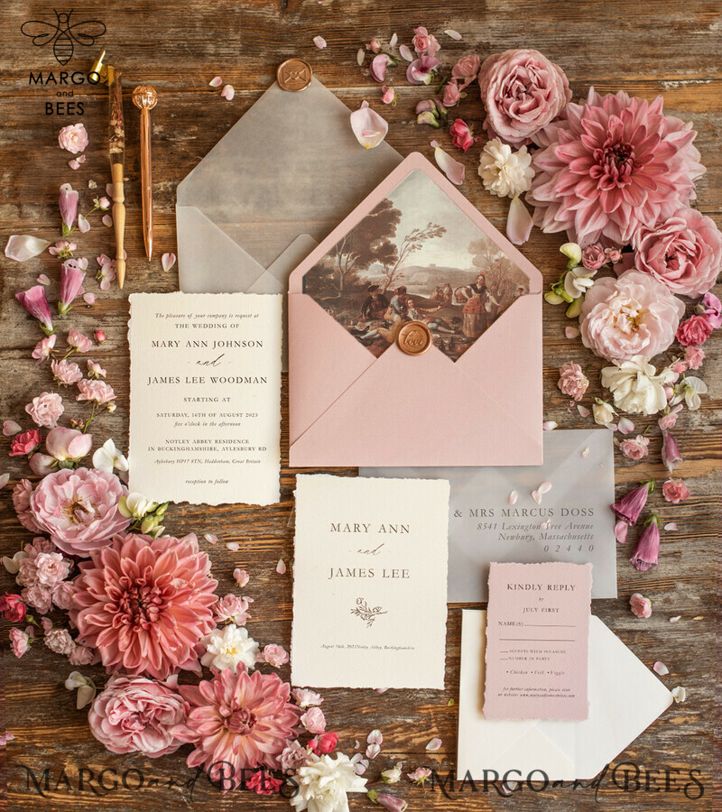 Elegant Blush Pink Wedding Invitation Set: Fine Art, Vintage Landscape, Minimalistic Design. Bespoke Stationary for a Stylish Celebration.-0