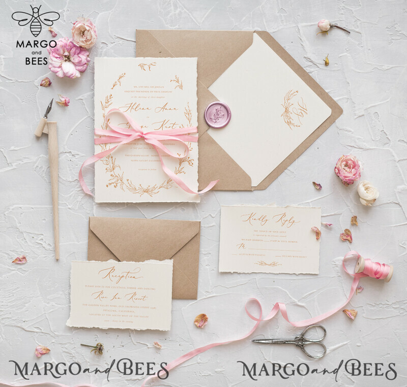 Minimalist Wedding Invitations Fine Art Stationery with Floral Sketch Wreath  Silk Bow Craft  Envelope with Monogram Branch  Liner-0