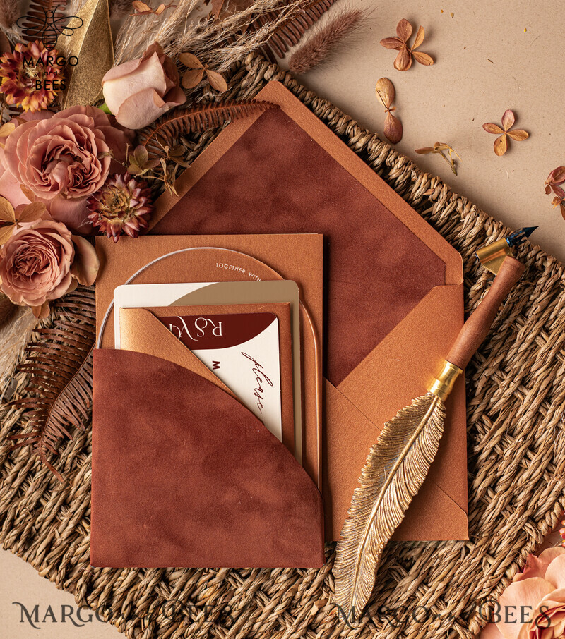 Elegance meets Luxury: Terracotta Arch Velvet Wedding Stationery with Acrylic Invitations-1