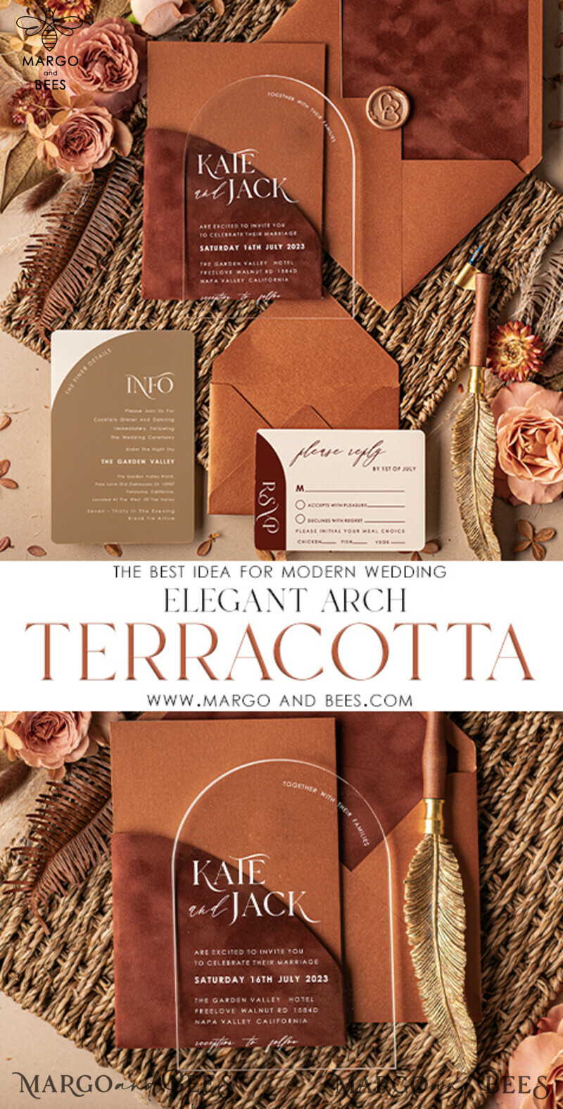 Elegance meets Luxury: Terracotta Arch Velvet Wedding Stationery with Acrylic Invitations-2