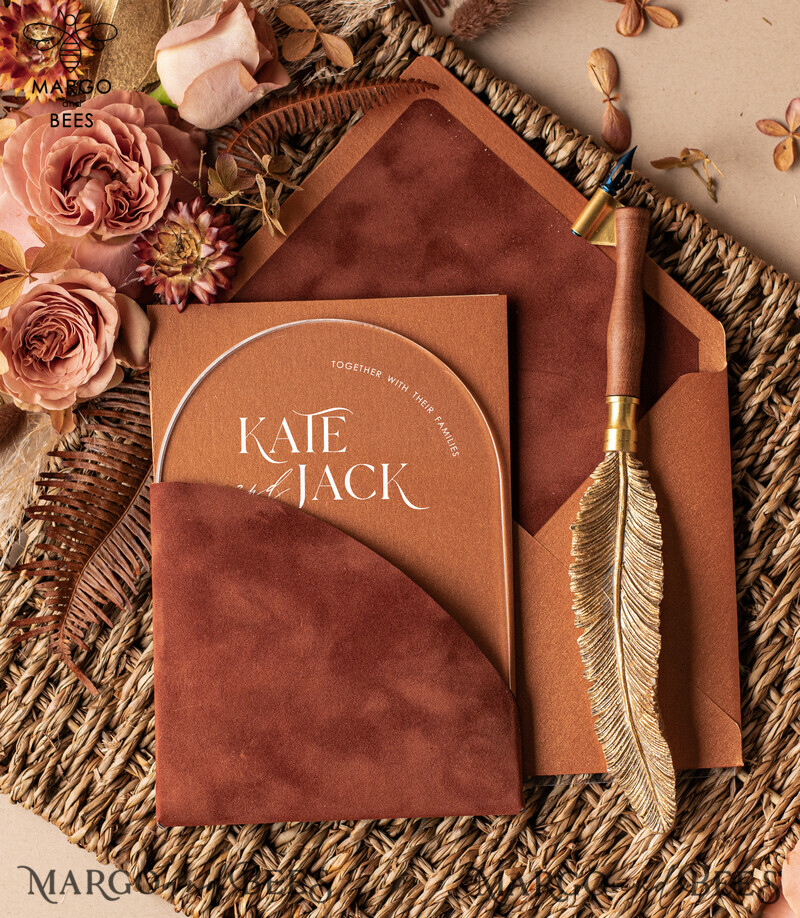 Elegance meets Luxury: Terracotta Arch Velvet Wedding Stationery with Acrylic Invitations-3