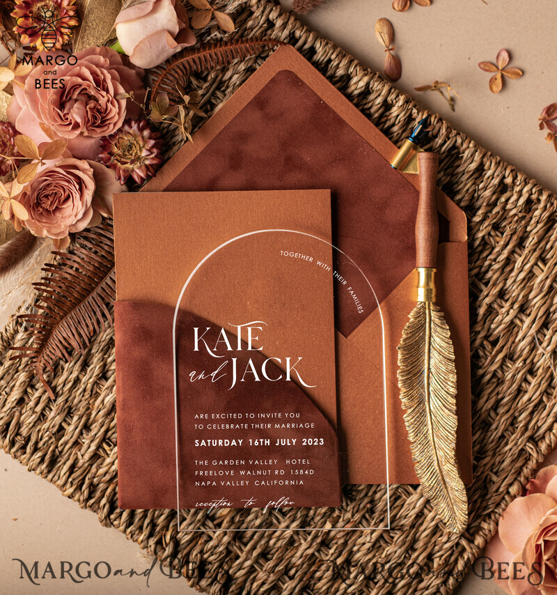 Elegance meets Luxury: Terracotta Arch Velvet Wedding Stationery with Acrylic Invitations-4