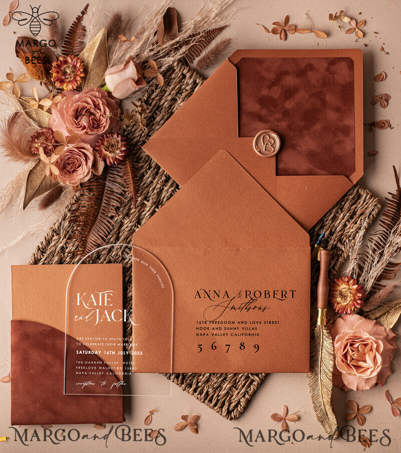 Elegance meets Luxury: Terracotta Arch Velvet Wedding Stationery with Acrylic Invitations-5