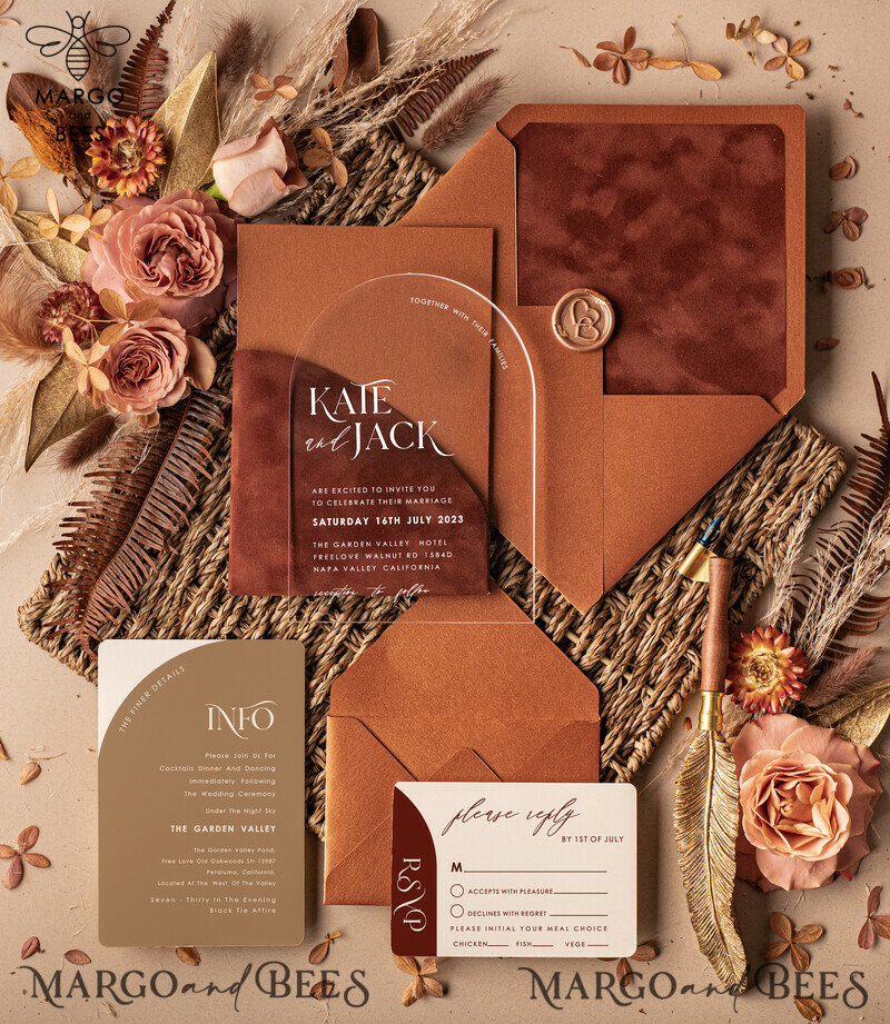 Elegance meets Luxury: Terracotta Arch Velvet Wedding Stationery with Acrylic Invitations-0