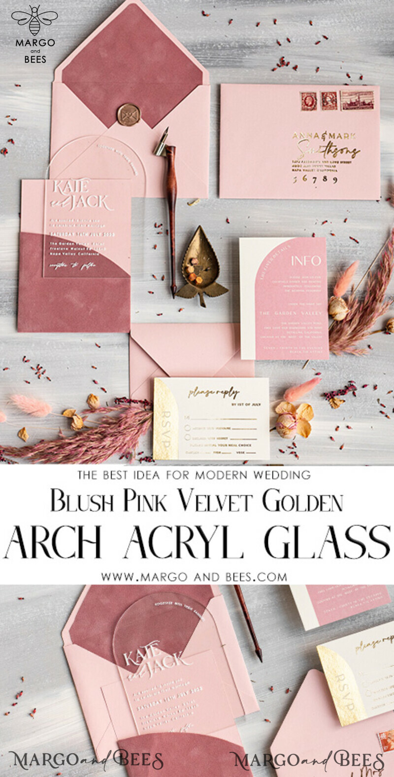 Arch Plexi Glass Wedding Invitation suite, Blush Pink Golden Wedding Invitations with Rsvp Velvet Pocket, Acrylic Modern Wedding Cards-3