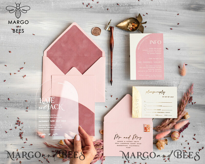 Arch Plexi Glass Wedding Invitation suite, Blush Pink Golden Wedding Invitations with Rsvp Velvet Pocket, Acrylic Modern Wedding Cards-10