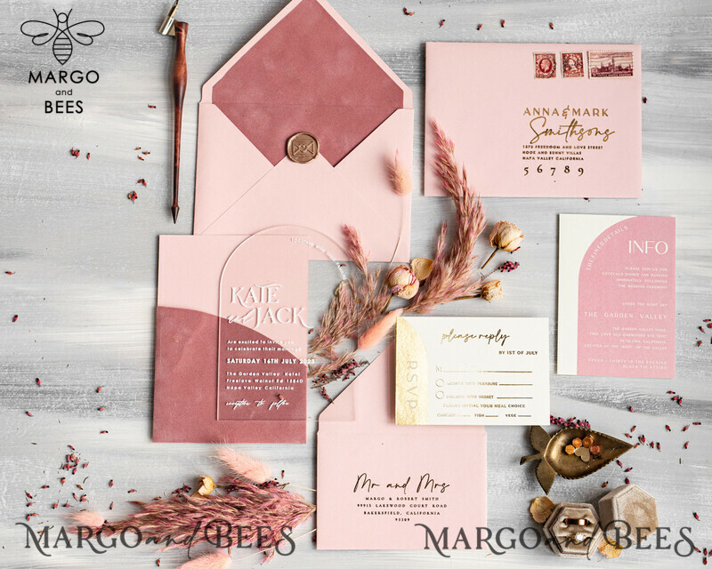 Arch Plexi Glass Wedding Invitation suite, Blush Pink Golden Wedding Invitations with Rsvp Velvet Pocket, Acrylic Modern Wedding Cards-0