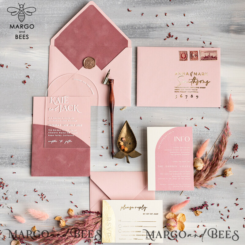 Arch Plexi Glass Wedding Invitation suite, Blush Pink Golden Wedding Invitations with Rsvp Velvet Pocket, Acrylic Modern Wedding Cards-1
