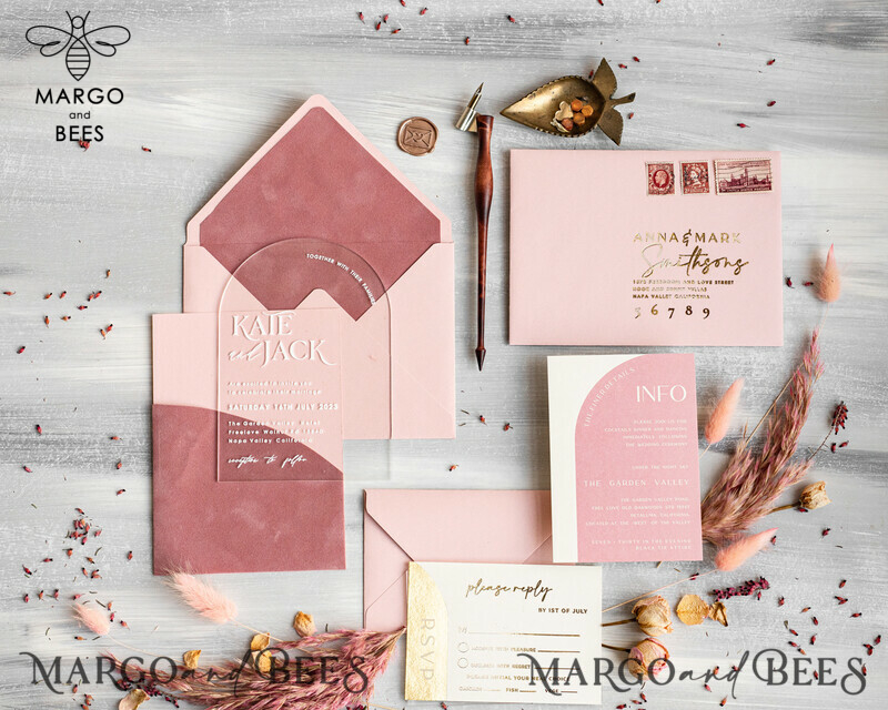 Arch Plexi Glass Wedding Invitation suite, Blush Pink Golden Wedding Invitations with Rsvp Velvet Pocket, Acrylic Modern Wedding Cards-17