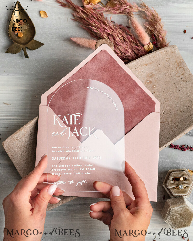 Arch Plexi Glass Wedding Invitation suite, Blush Pink Golden Wedding Invitations with Rsvp Velvet Pocket, Acrylic Modern Wedding Cards-13