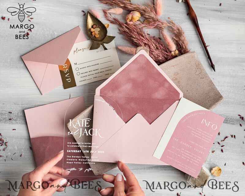 Arch Plexi Glass Wedding Invitation suite, Blush Pink Golden Wedding Invitations with Rsvp Velvet Pocket, Acrylic Modern Wedding Cards-11