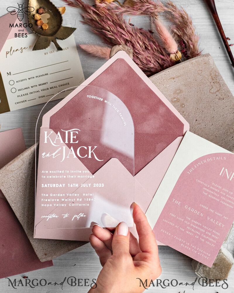 Arch Plexi Glass Wedding Invitation suite, Blush Pink Golden Wedding Invitations with Rsvp Velvet Pocket, Acrylic Modern Wedding Cards-14