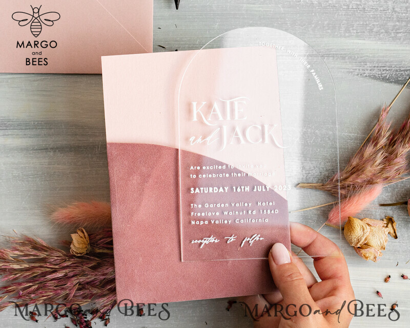 Arch Plexi Glass Wedding Invitation suite, Blush Pink Golden Wedding Invitations with Rsvp Velvet Pocket, Acrylic Modern Wedding Cards-2