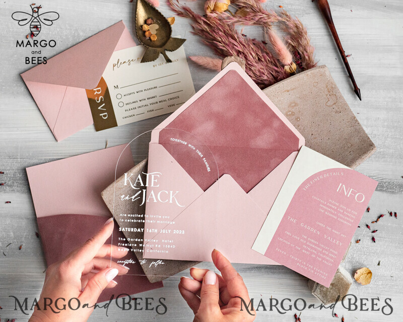 Arch Plexi Glass Wedding Invitation suite, Blush Pink Golden Wedding Invitations with Rsvp Velvet Pocket, Acrylic Modern Wedding Cards-4