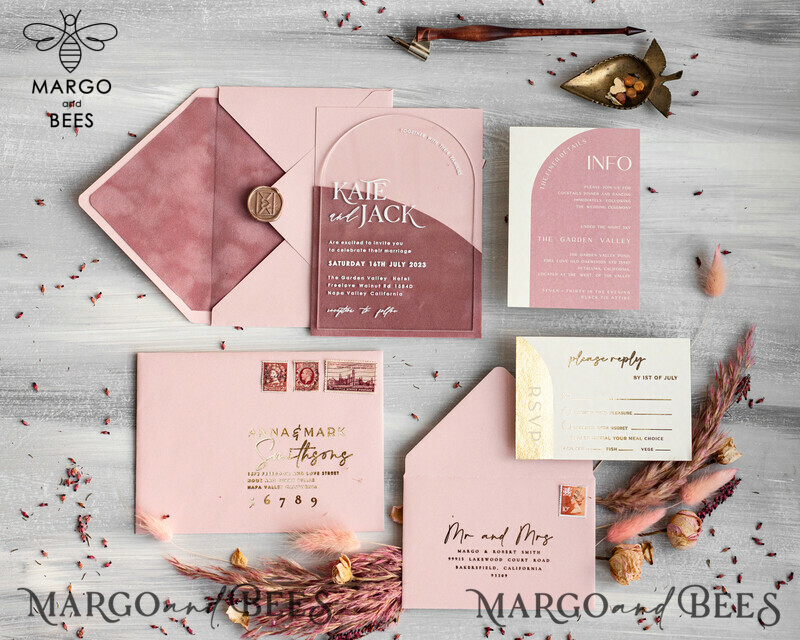 Arch Plexi Glass Wedding Invitation suite, Blush Pink Golden Wedding Invitations with Rsvp Velvet Pocket, Acrylic Modern Wedding Cards-5
