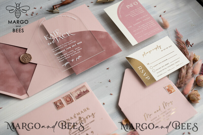 Arch Plexi Glass Wedding Invitation suite, Blush Pink Golden Wedding Invitations with Rsvp Velvet Pocket, Acrylic Modern Wedding Cards-6