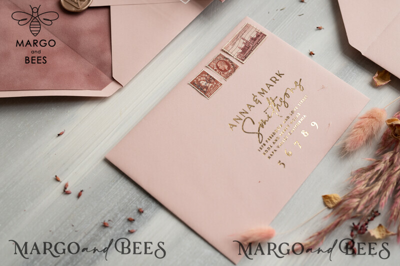 Arch Plexi Glass Wedding Invitation suite, Blush Pink Golden Wedding Invitations with Rsvp Velvet Pocket, Acrylic Modern Wedding Cards-8
