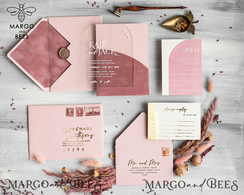 Arch Plexi Glass Wedding Invitation suite, Blush Pink Golden Wedding Invitations with Rsvp Velvet Pocket, Acrylic Modern Wedding Cards-15