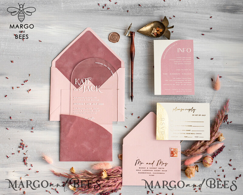 Arch Plexi Glass Wedding Invitation suite, Blush Pink Golden Wedding Invitations with Rsvp Velvet Pocket, Acrylic Modern Wedding Cards-16