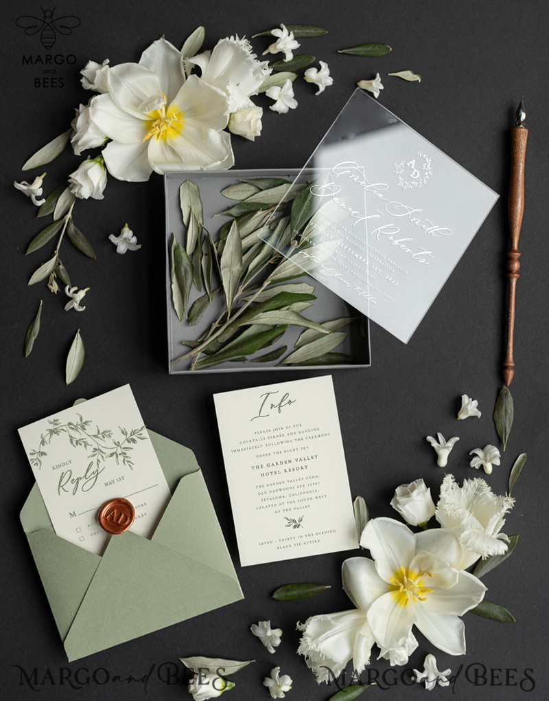 Box Acrylic wedding Invitations, Tuscany Olive Wedding Invites in Box, Destination wedding Cards Plexi -12