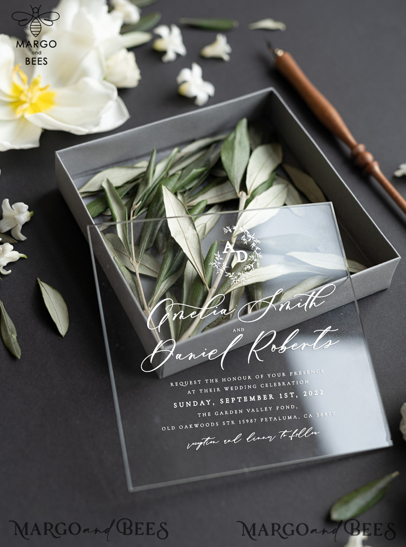 Box Acrylic wedding Invitations, Tuscany Olive Wedding Invites in Box, Destination wedding Cards Plexi -15