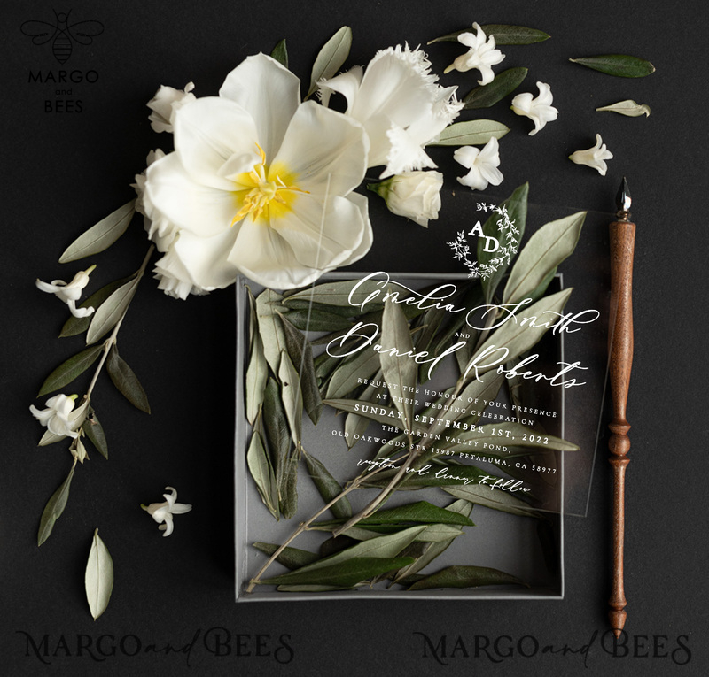 Box Acrylic wedding Invitations, Tuscany Olive Wedding Invites in Box, Destination wedding Cards Plexi -2