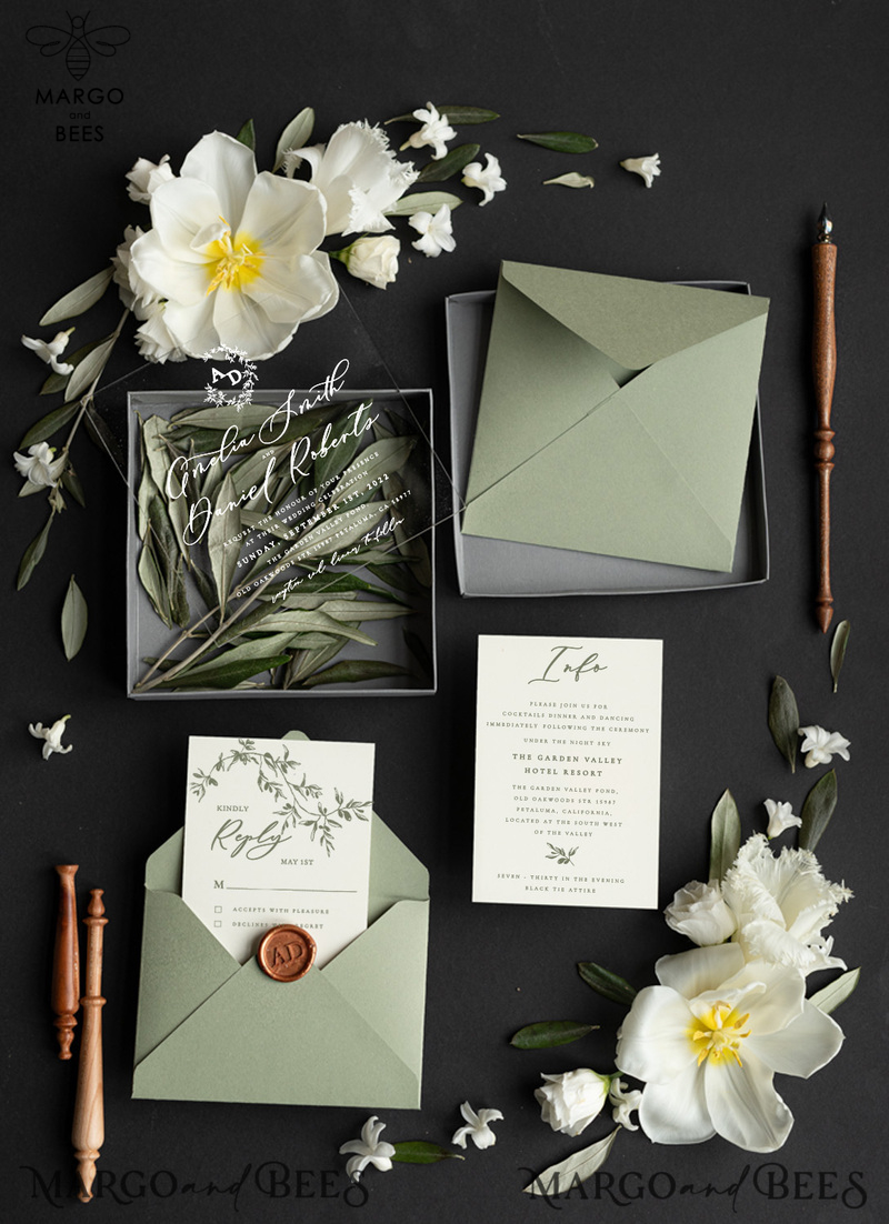 Box Acrylic wedding Invitations, Tuscany Olive Wedding Invites in Box, Destination wedding Cards Plexi -1