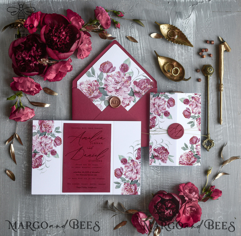 Romantic Red Wedding Invitations, Elegant Floral Wedding Invites, Minimalistic White Wedding Cards, Luxury Marsala Wedding Invitation Suite-1