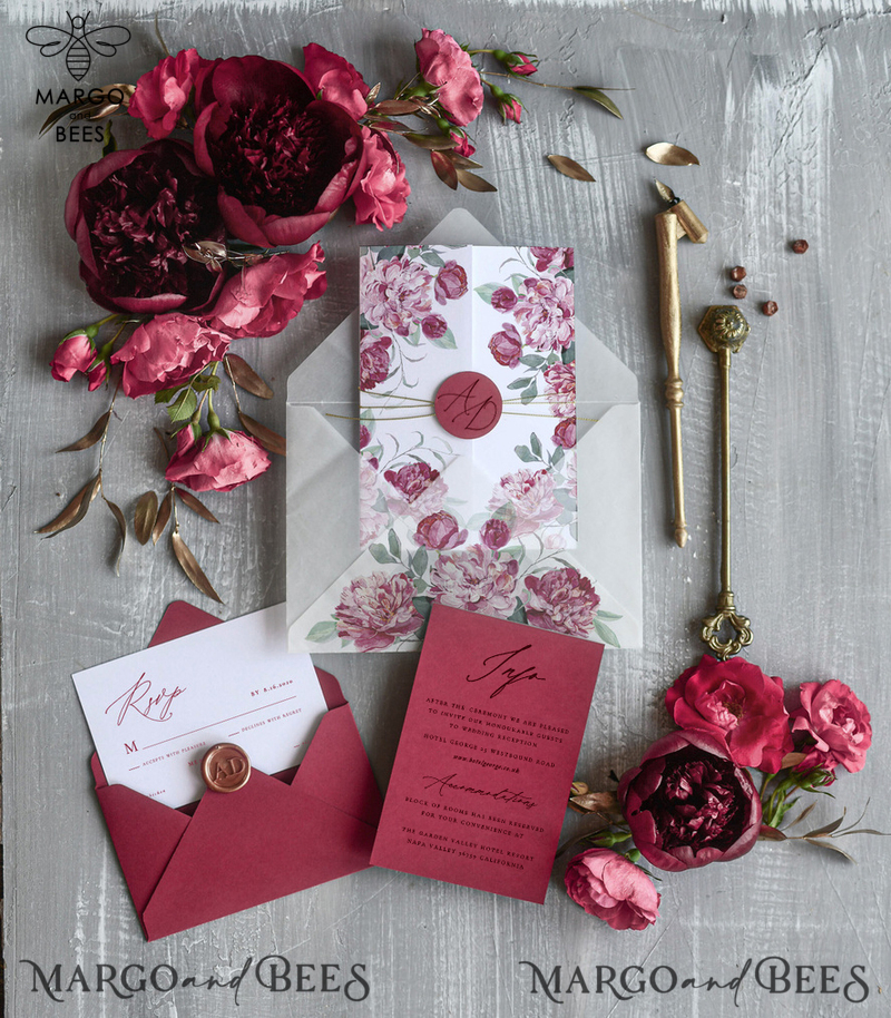 Romantic Red Wedding Invitations, Elegant Floral Wedding Invites, Minimalistic White Wedding Cards, Luxury Marsala Wedding Invitation Suite-2