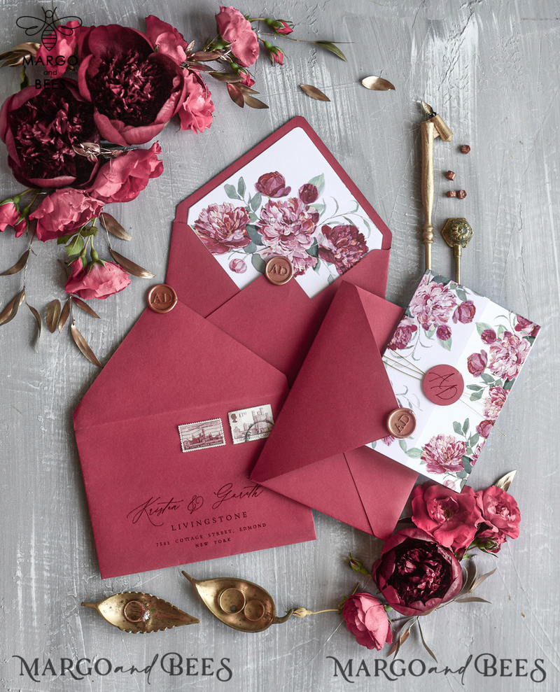 Romantic Red Wedding Invitations, Elegant Floral Wedding Invites, Minimalistic White Wedding Cards, Luxury Marsala Wedding Invitation Suite-4