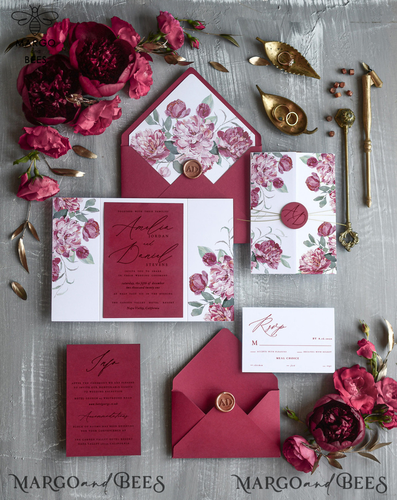 Romantic Red Wedding Invitations, Elegant Floral Wedding Invites, Minimalistic White Wedding Cards, Luxury Marsala Wedding Invitation Suite-0