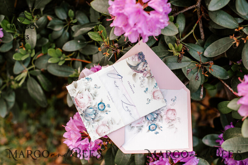  Vintage Floral Wedding Invitations, Elegant Blush Pink Wedding Invites, Bespoke Watercolor Wedding Cards With Hand Dyed Ribbon, Handmade Wedding Stationery-1