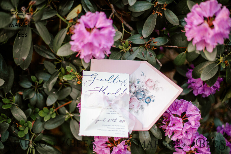  Vintage Floral Wedding Invitations, Elegant Blush Pink Wedding Invites, Bespoke Watercolor Wedding Cards With Hand Dyed Ribbon, Handmade Wedding Stationery-3