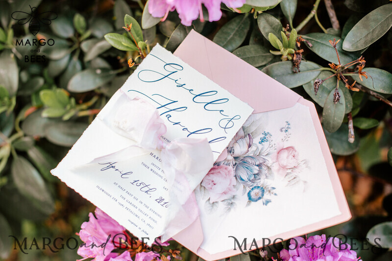  Vintage Floral Wedding Invitations, Elegant Blush Pink Wedding Invites, Bespoke Watercolor Wedding Cards With Hand Dyed Ribbon, Handmade Wedding Stationery-0