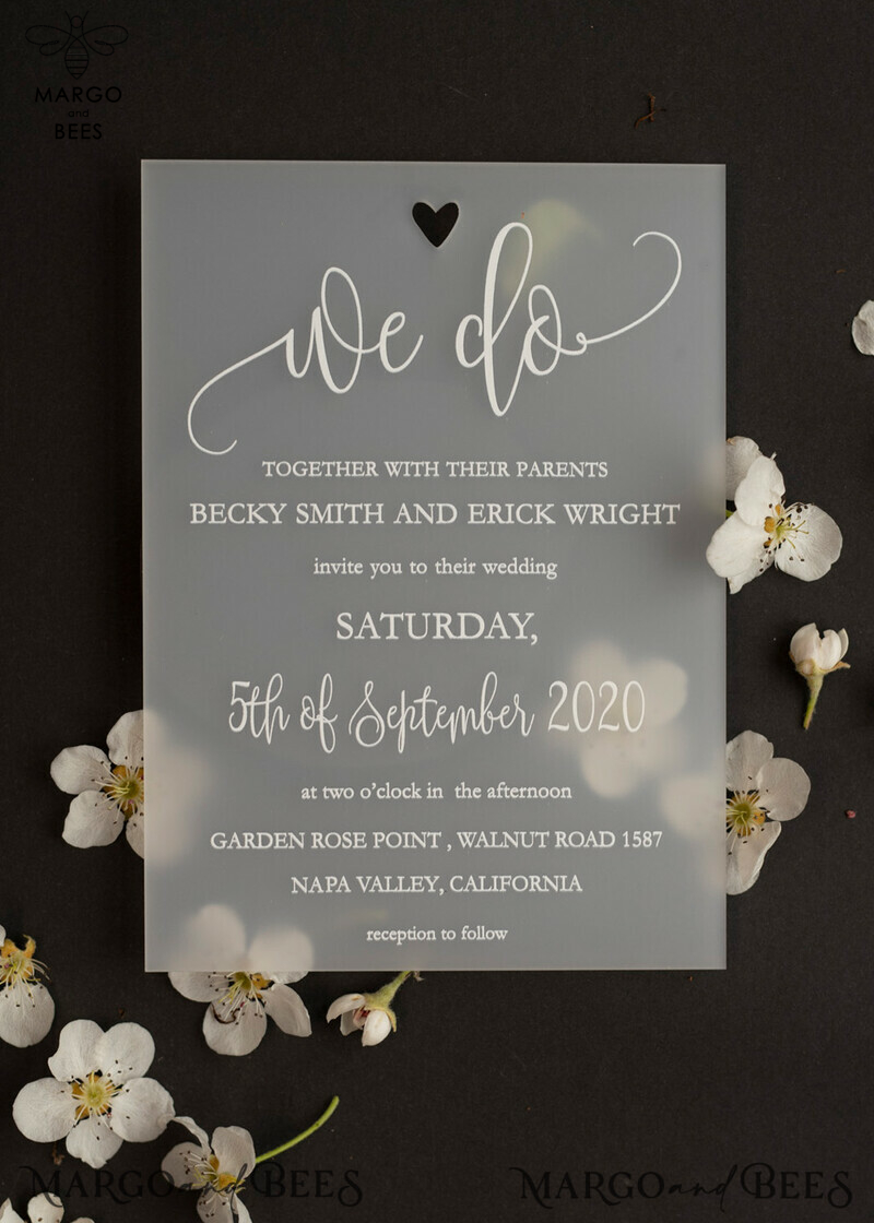 Luxury Frozen Acrylic Plexi Wedding Invitations: Engraved Heart, Romantic Floral Design, Elegant Light Grey Cards, Bespoke Vellum Stationery-1