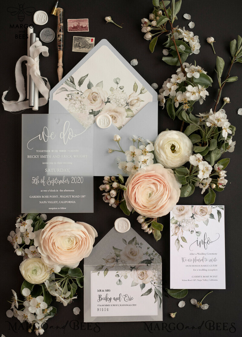 Luxury Frozen Acrylic Plexi Wedding Invitations: Engraved Heart, Romantic Floral Design, Elegant Light Grey Cards, Bespoke Vellum Stationery-3