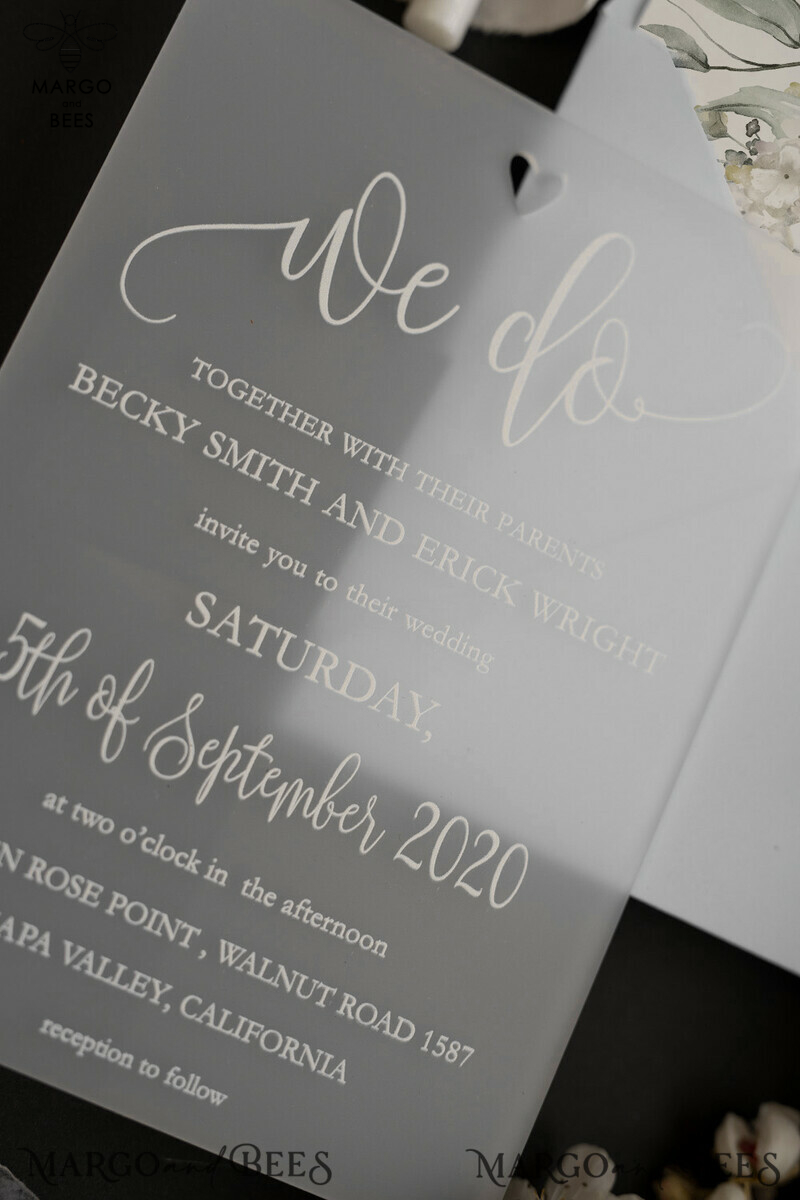 Luxury Frozen Acrylic Plexi Wedding Invitations: Engraved Heart, Romantic Floral Design, Elegant Light Grey Cards, Bespoke Vellum Stationery-4