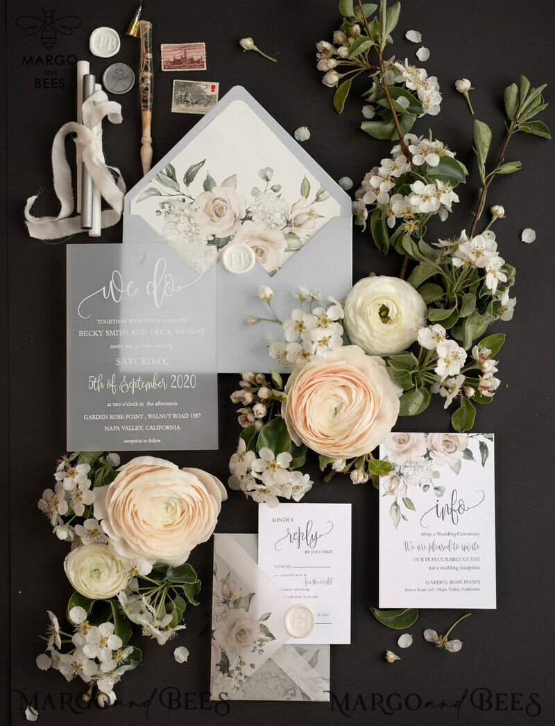 Luxury Frozen Acrylic Plexi Wedding Invitations: Engraved Heart, Romantic Floral Design, Elegant Light Grey Cards, Bespoke Vellum Stationery-5